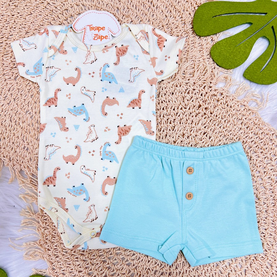 Conj. Body Manga Curta Dinosaur e Short com Botões - Creme e Verde 